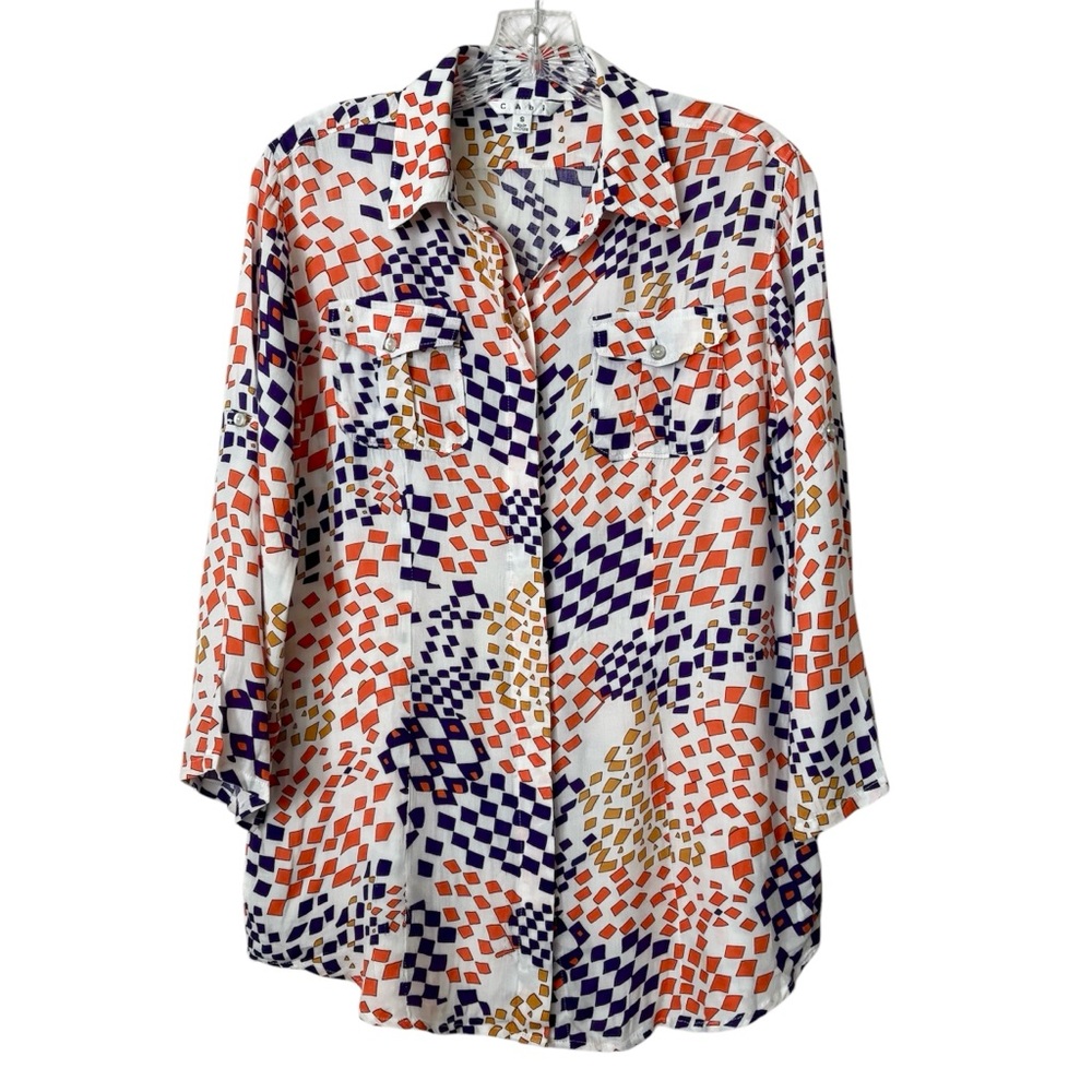 CAbi Womens Geometric Print Top Lightweight Front Pockets Size Small